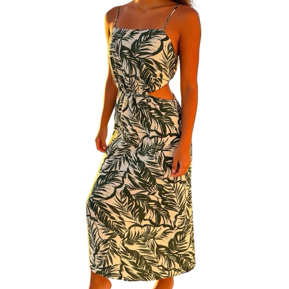 Rayon spaghetti strap dress tropical palm leaf cutout maxi dress Size S